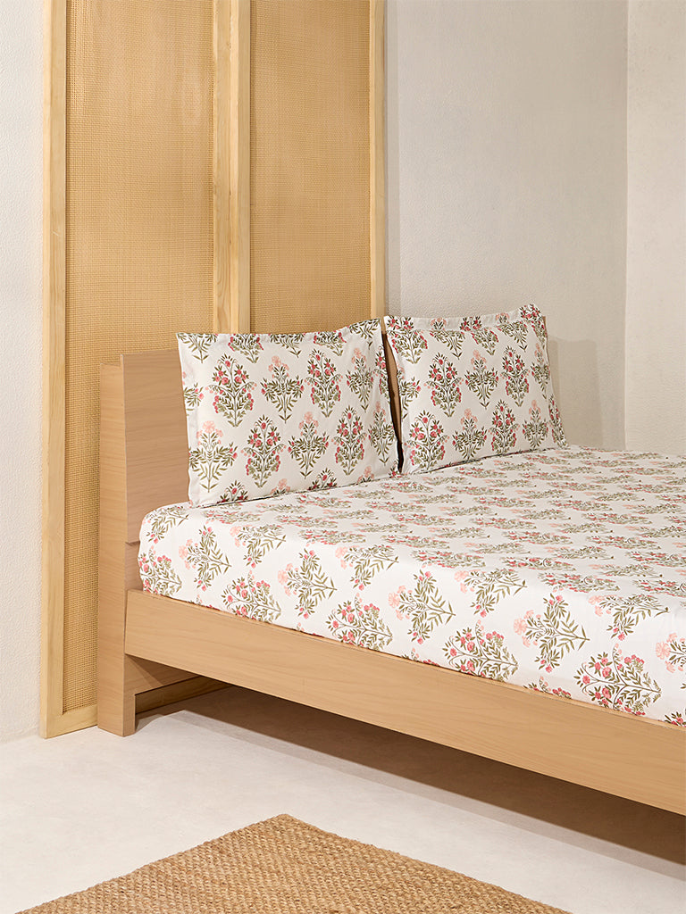 Westside Home Pink Floral Butta Queen Bed Flat Sheet and Pillowcase Set - Image 2