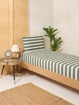 Westside Home Olive Striped Single Bed Flat Sheet and Pillowcase Set