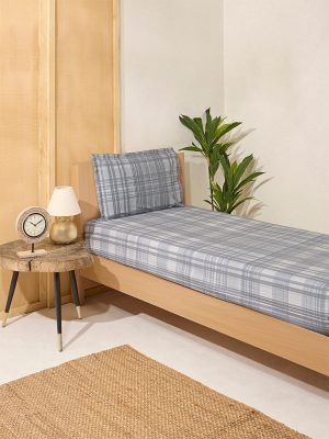 Westside Home Dark Grey Checkered Single Bed Fitted Sheet and Pillowcase Set