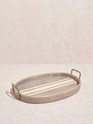 Westside Home Beige Stripe Printed Wooden Serving Tray - Large