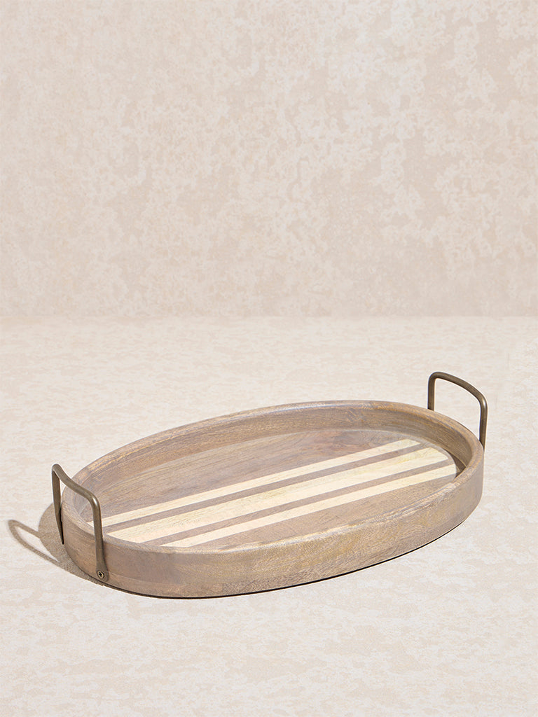 Westside Home Beige Stripe Printed Wooden Serving Tray - Small