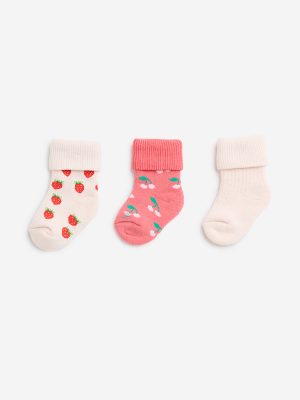 HOP Baby Pink Fruit Printed Socks - Pack of 3