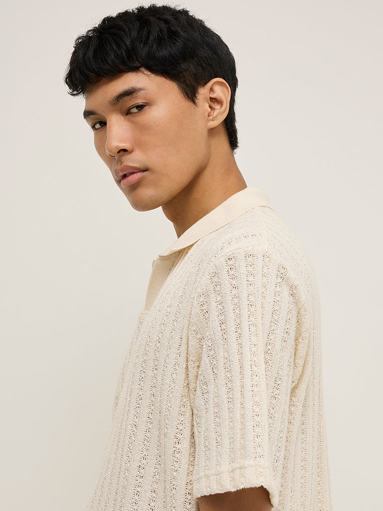 ETA Off-White Knit-Textured Relaxed-Fit Polo T-Shirt - Image 3