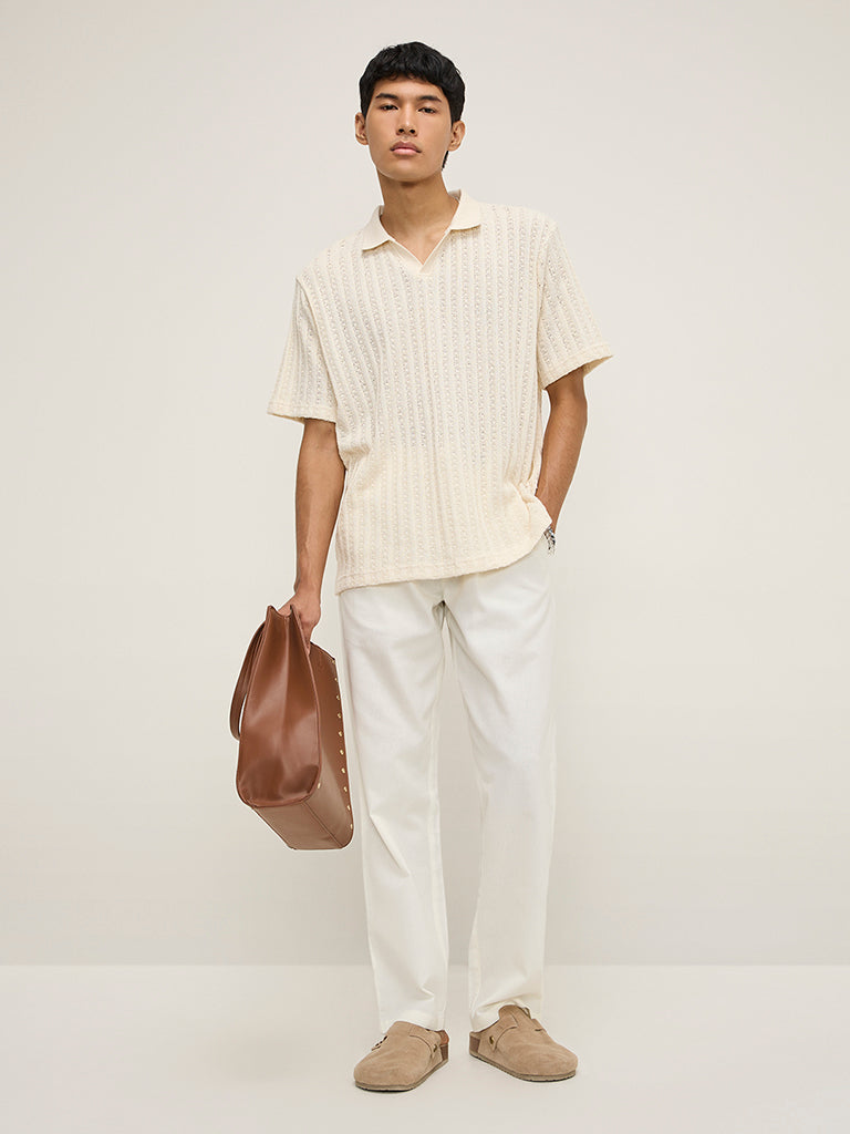 ETA Off-White Knit-Textured Relaxed-Fit Polo T-Shirt - Image 4