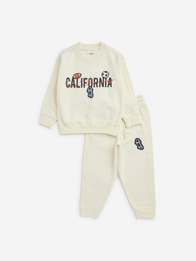 HOP Kids Light Yellow Text Print Cotton-Blend Sweatshirt & Pants Set