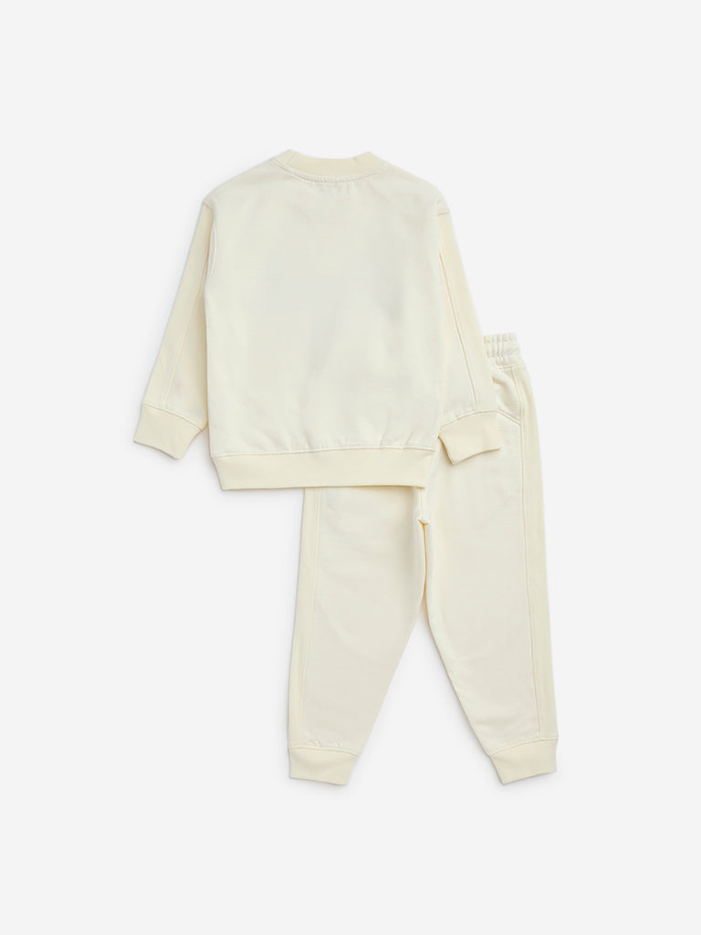 HOP Kids Light Yellow Text Print Cotton-Blend Sweatshirt & Pants Set - Image 2