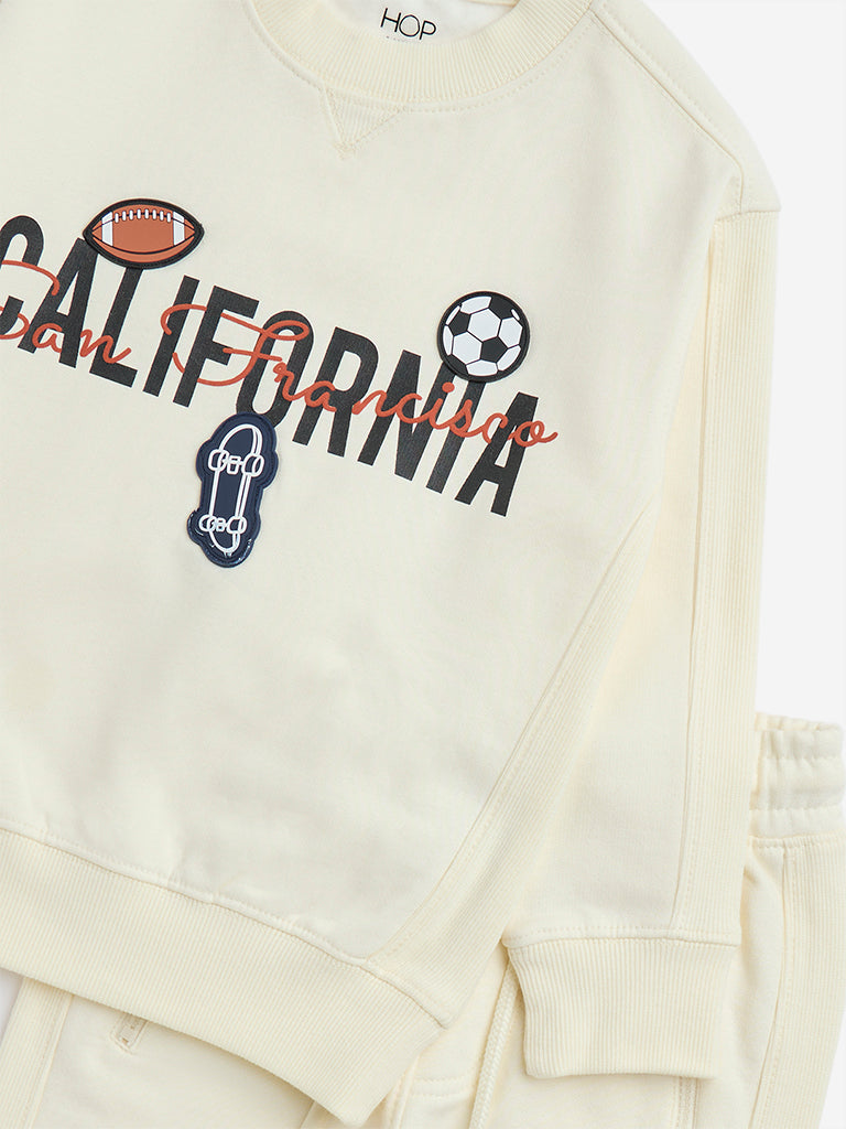 HOP Kids Light Yellow Text Print Cotton-Blend Sweatshirt & Pants Set - Image 3