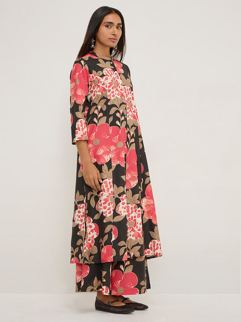 Utsa Black Floral Printed A-Line Kurta - Image 3