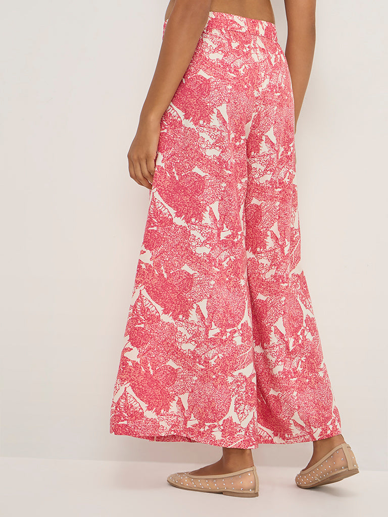 Utsa Pink Leaf Printed High-Rise Palazzos - Image 2