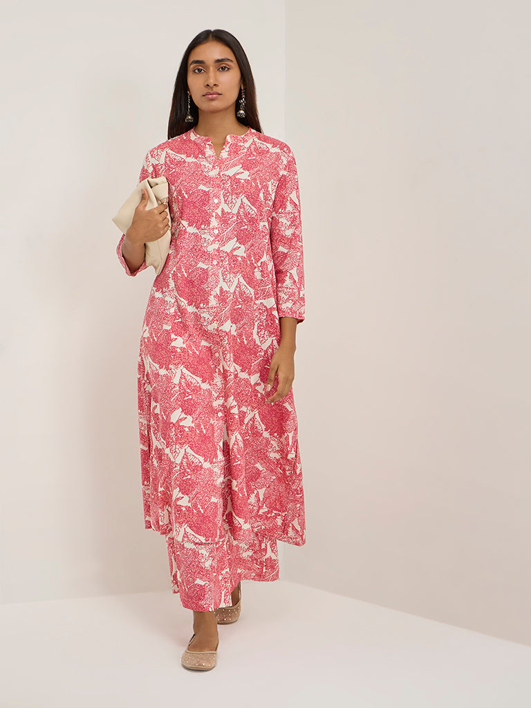 Utsa Pink Leaf Printed High-Rise Palazzos - Image 3