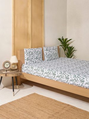 Westside Home Dark Green Botanical Design King Bed Flat Sheet and Pillowcase Set