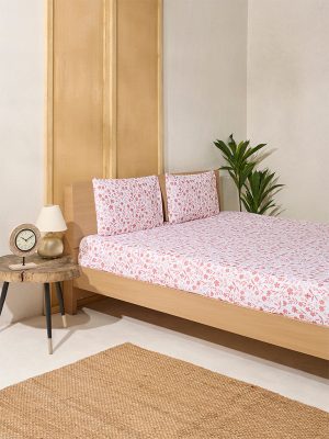 Westside Home Pink Floral Print Queen Bed Flat Sheet and Pillowcase Set