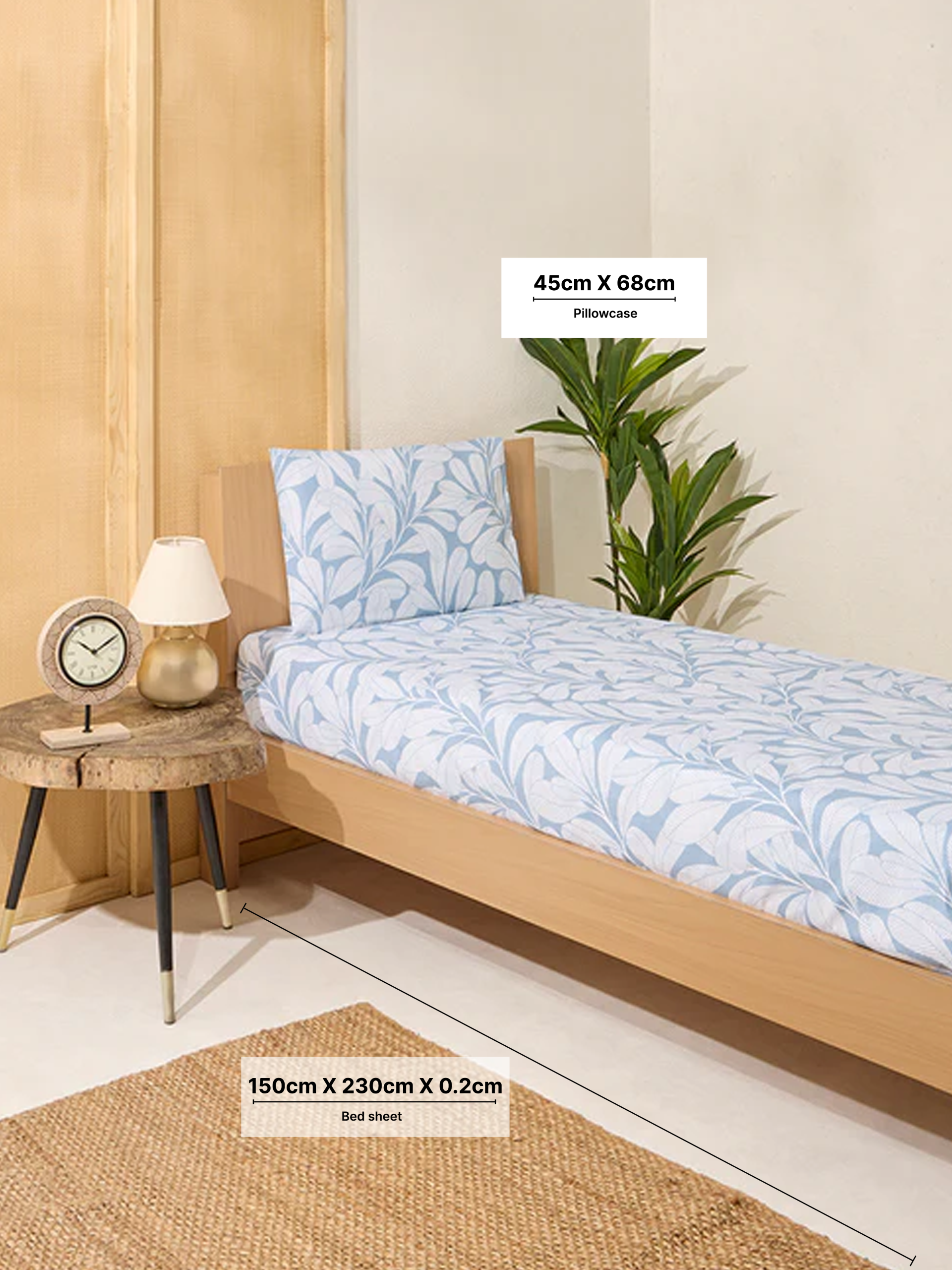 Westside Home Dusty Blue Leaf Printed Single Bed Flat Sheet and Pillowcase Set - Image 4