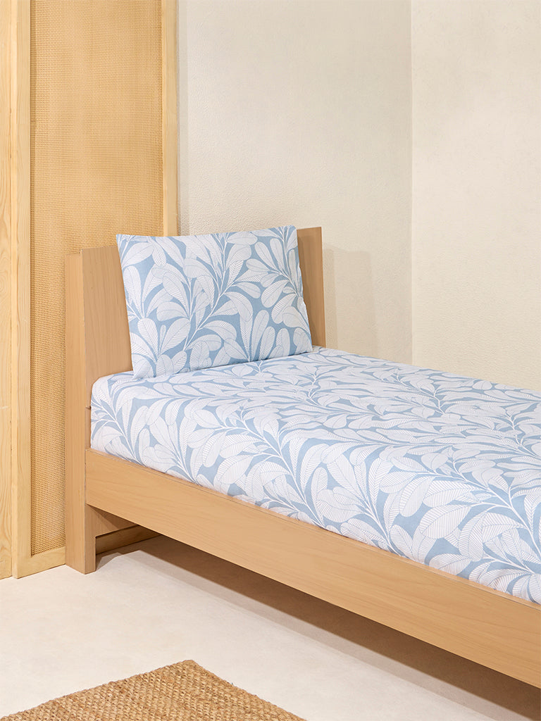 Westside Home Dusty Blue Leaf Printed Single Bed Flat Sheet and Pillowcase Set - Image 2