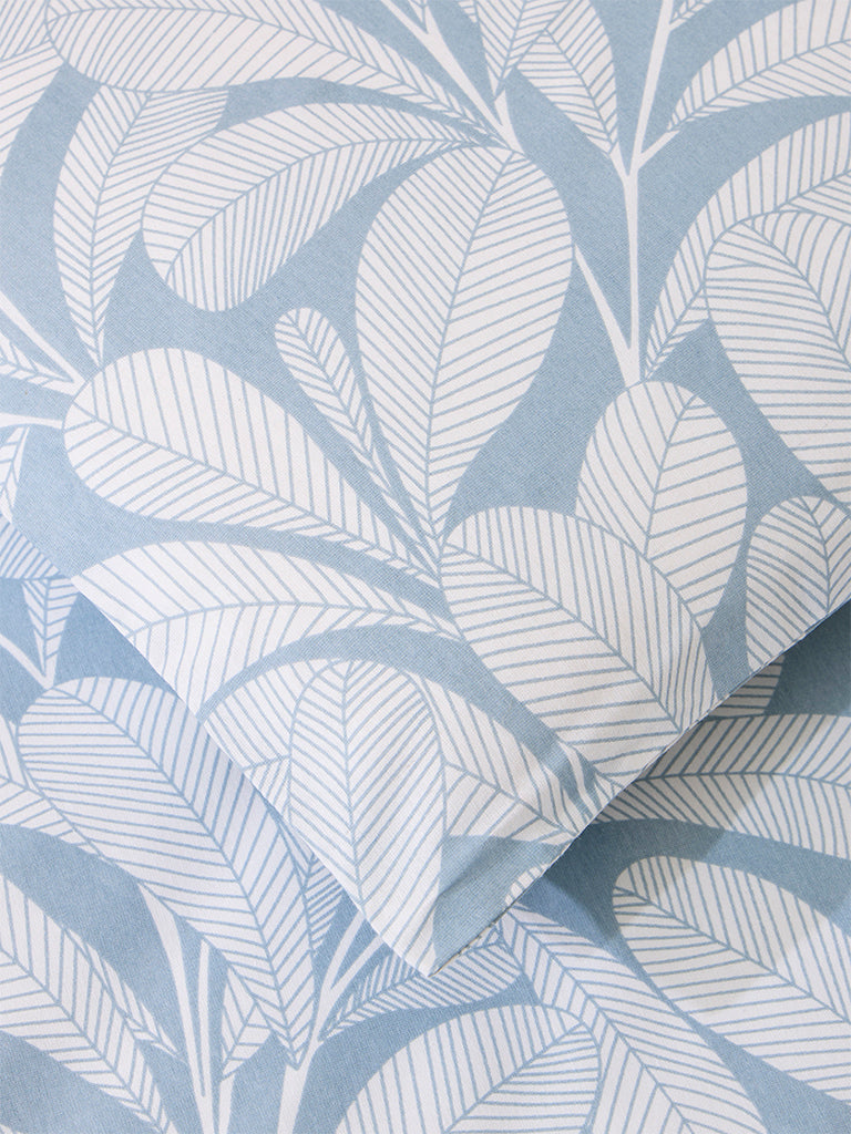 Westside Home Dusty Blue Leaf Printed Single Bed Flat Sheet and Pillowcase Set - Image 3