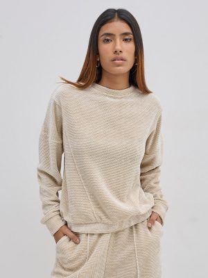 LOV Beige Self Patterned Velveteen Sweatshirt