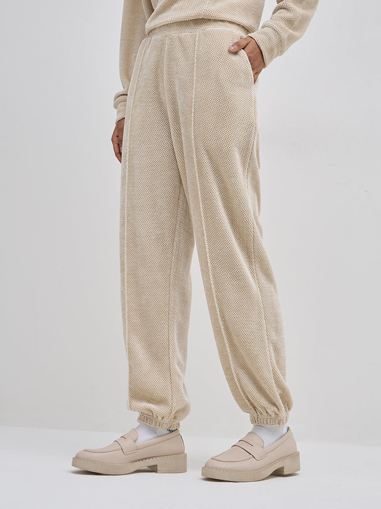 LOV Beige Self-Textured High-Rise Joggers - Image 3