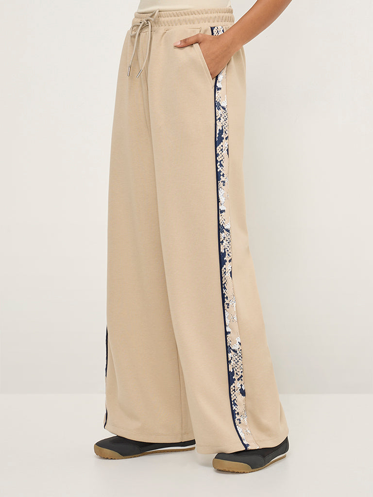 LOV Beige Abstract Design High-Rise Cotton-Blend Track Pants - Image 3