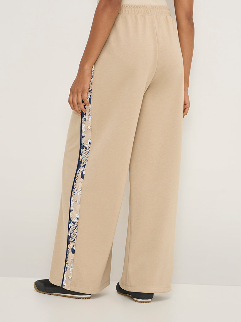 LOV Beige Abstract Design High-Rise Cotton-Blend Track Pants - Image 4