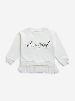 HOP Kids Off-White Sequin Text Design Cotton-Blend Sweater