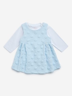 HOP Baby Blue Textured Cotton Pinafore with Top Set