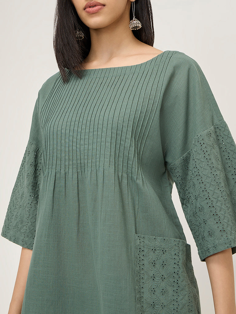 Utsa Teal Schiffli Design Cotton A-Line Dress - Image 3