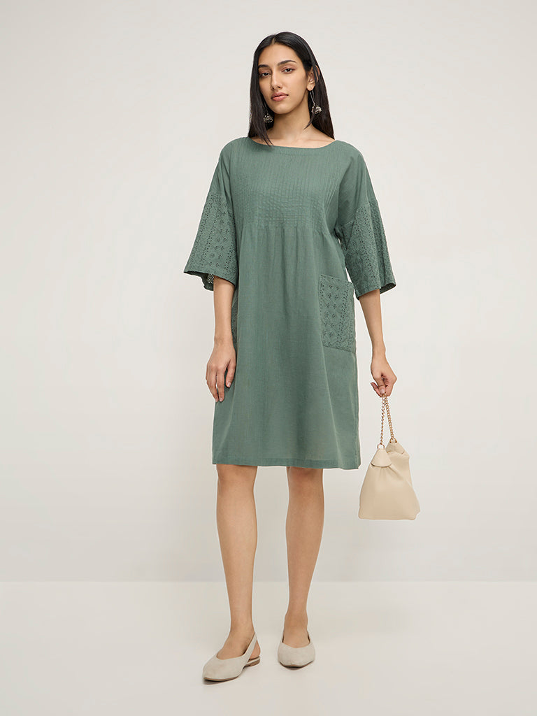 Utsa Teal Schiffli Design Cotton A-Line Dress - Image 4