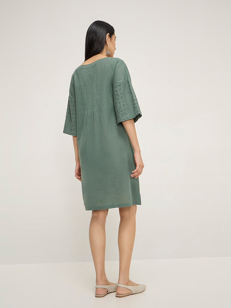 Utsa Teal Schiffli Design Cotton A-Line Dress - Image 5