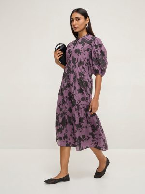 Utsa Purple Botanical Design Cotton A-Line Dress