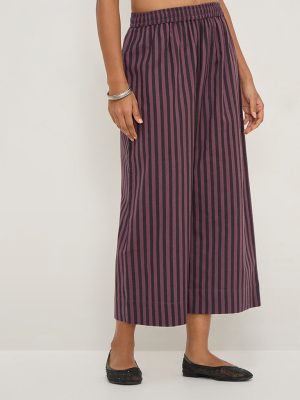 Utsa Purple Striped High-Rise Cotton-Blend Ethnic Pants