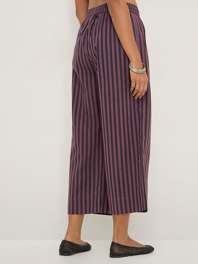 Utsa Purple Striped High-Rise Cotton-Blend Ethnic Pants - Image 3
