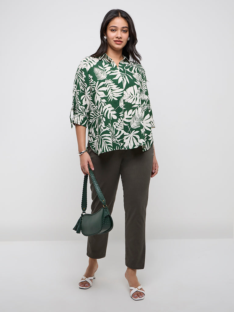 Gia Green Botanical Printed High-Low Shirt - Image 3