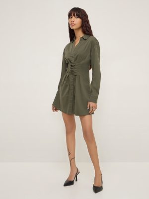 Nuon Olive Corset-Style Cotton-Blend Shirt Dress