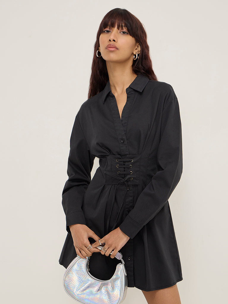 Nuon Black Corset-Style Cotton-Blend Shirt Dress - Image 3