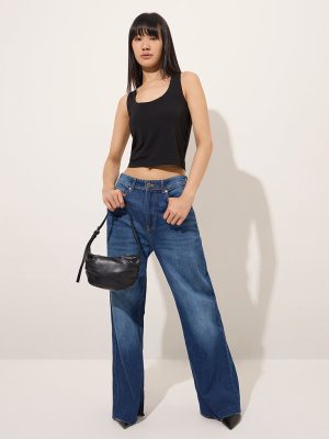 Nuon Dark Blue Faded Straight-Fit High-Rise Jeans