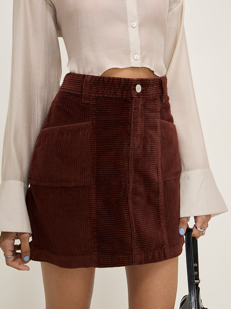 Nuon Dark Brown High-Rise Corduroy Cotton Skirt - Image 2