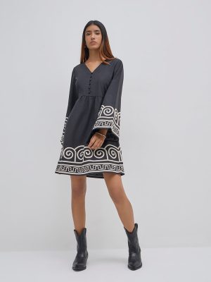 LOV Black Embroidered Cotton A-Line Dress
