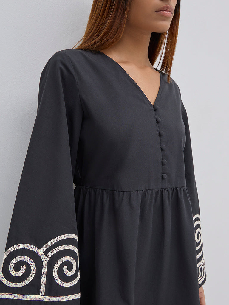 LOV Black Embroidered Cotton A-Line Dress - Image 2