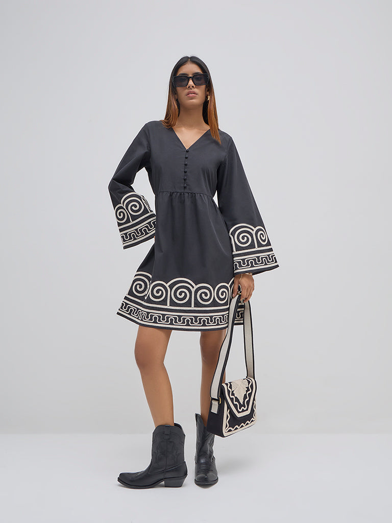 LOV Black Embroidered Cotton A-Line Dress - Image 3
