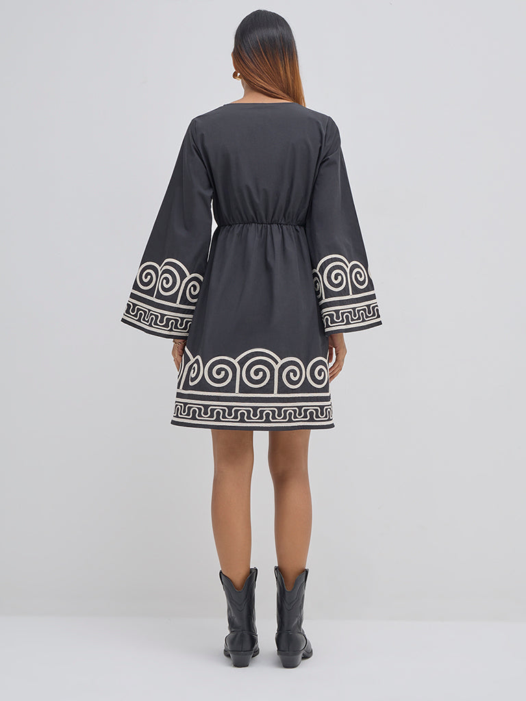 LOV Black Embroidered Cotton A-Line Dress - Image 4