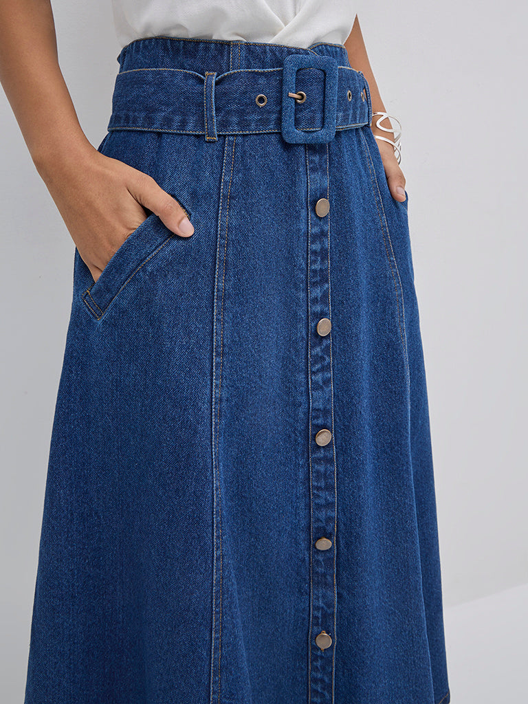 LOV Dark Blue High-Rise Denim Skirt with Belt - Image 2