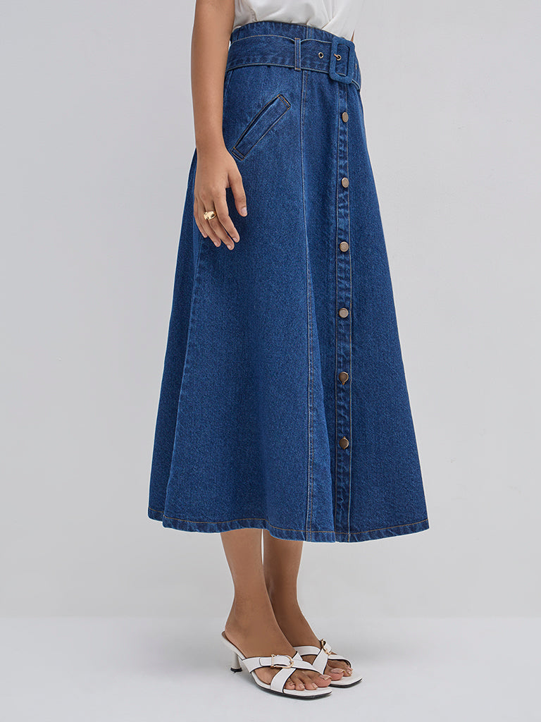 LOV Dark Blue High-Rise Denim Skirt with Belt - Image 3