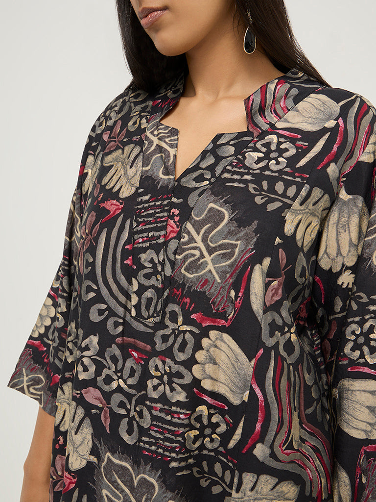 Diza Black Floral Printed A-Line Kurta - Image 2