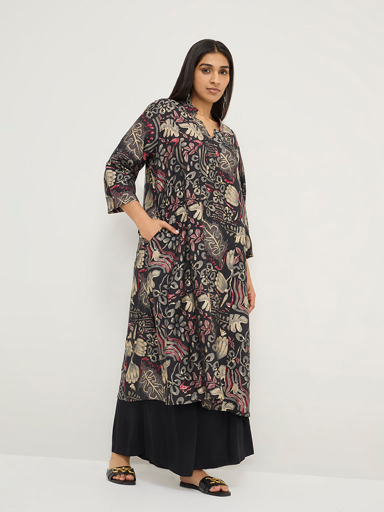 Diza Black Floral Printed A-Line Kurta - Image 3