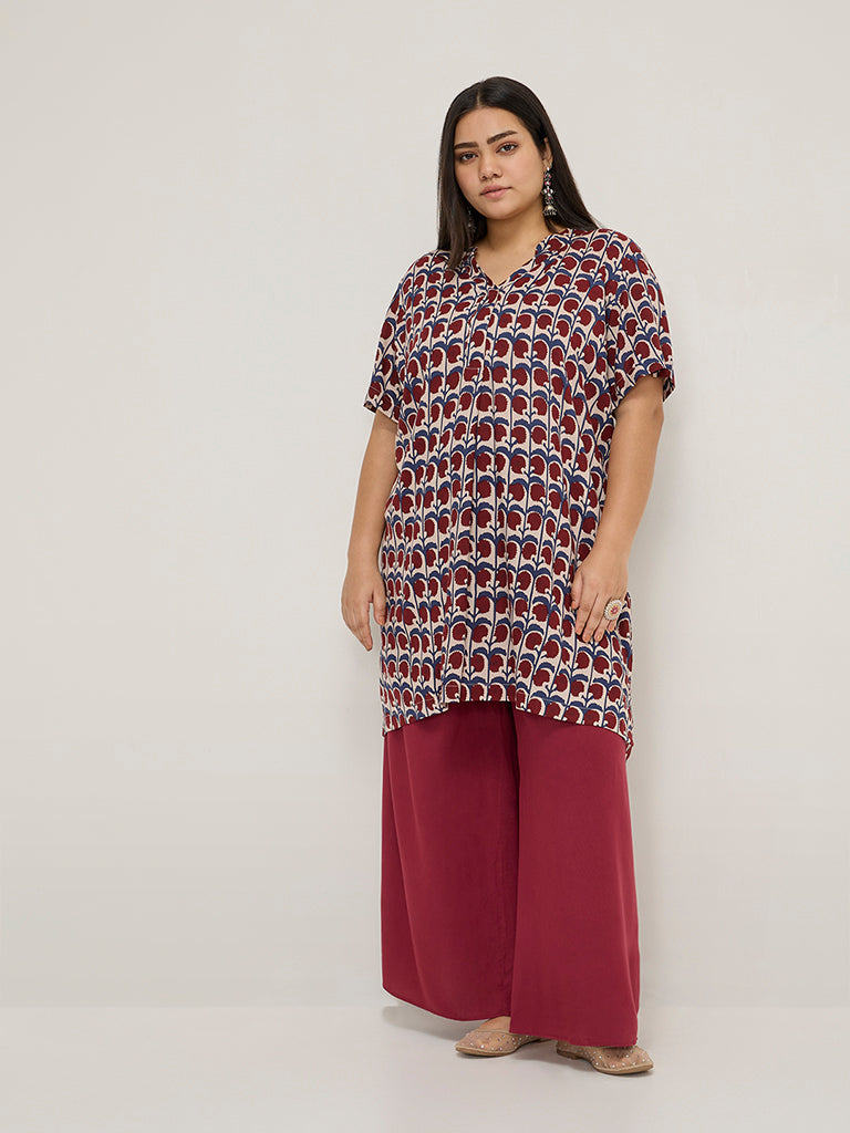 Diza Maroon Floral Printed High-Low Kurta - Image 3