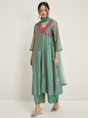 Vark Green Angrakha Cotton-Blend Kurta. Inner. Palazzos & Dupatta Set
