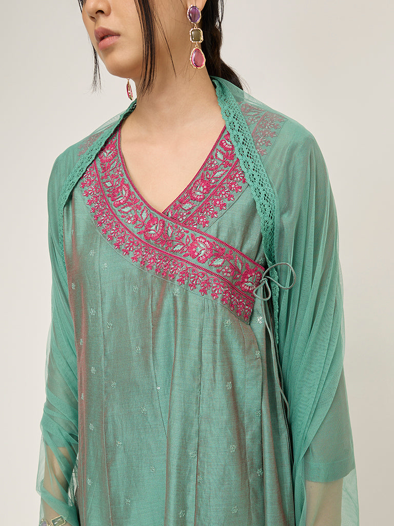 Vark Green Angrakha Cotton-Blend Kurta. Inner. Palazzos & Dupatta Set - Image 2