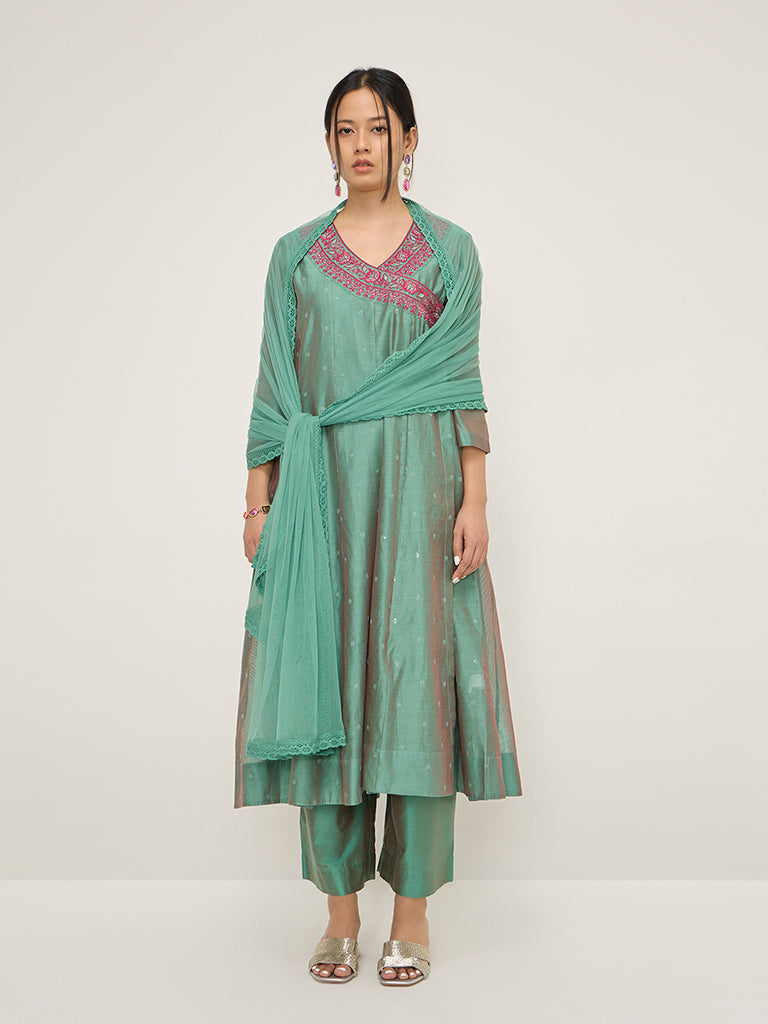 Vark Green Angrakha Cotton-Blend Kurta. Inner. Palazzos & Dupatta Set - Image 3