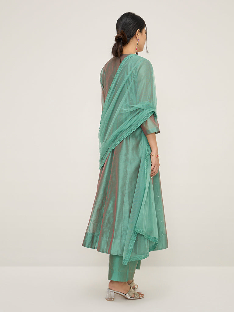 Vark Green Angrakha Cotton-Blend Kurta. Inner. Palazzos & Dupatta Set - Image 4