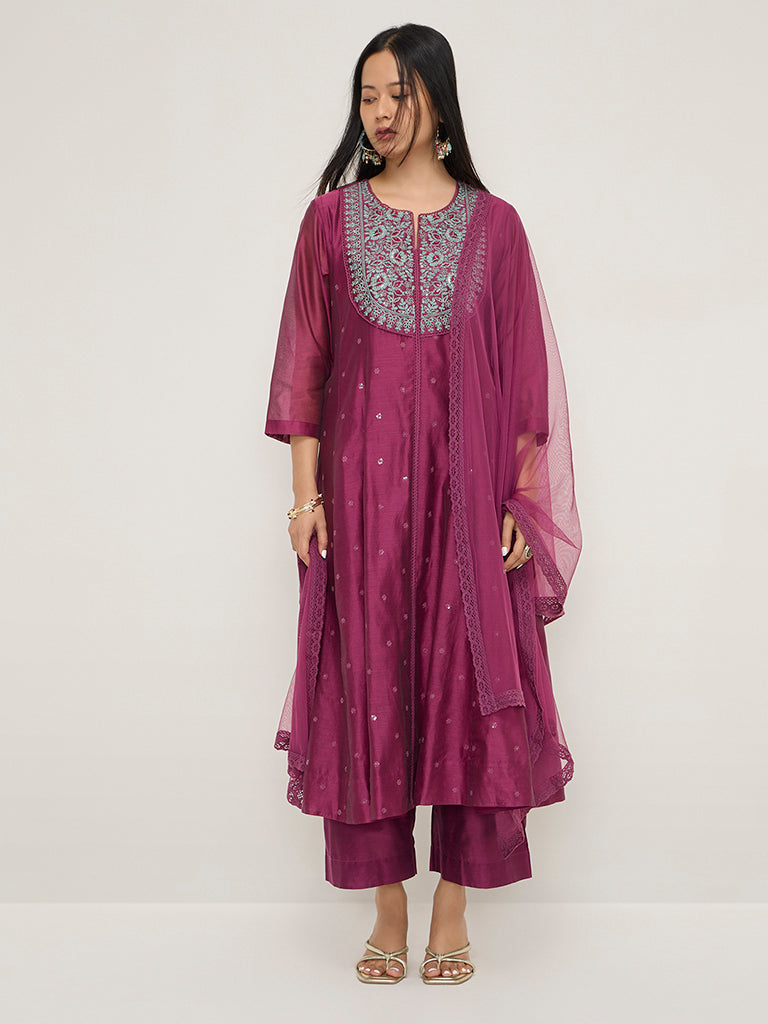 Vark Dark Pink Floral Cotton-Blend A-Line Kurta. Palazzos & Dupatta Set - Image 3